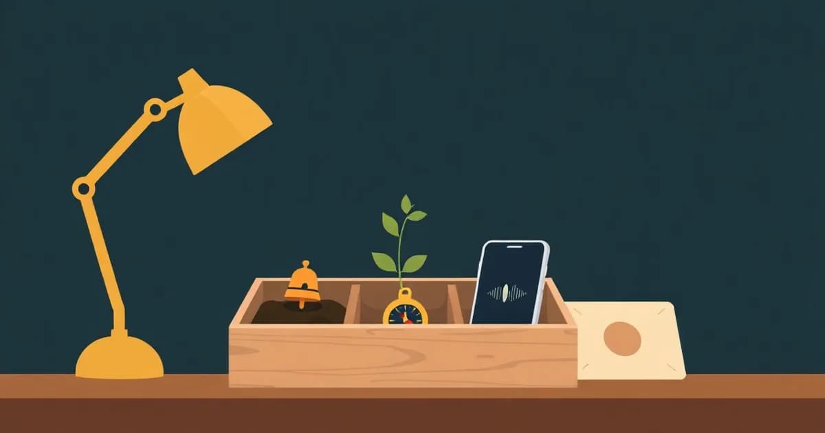 Illustration of an open toolbox with a bell, seedling, compass, and phone, representing ADHD apps for different jobs.