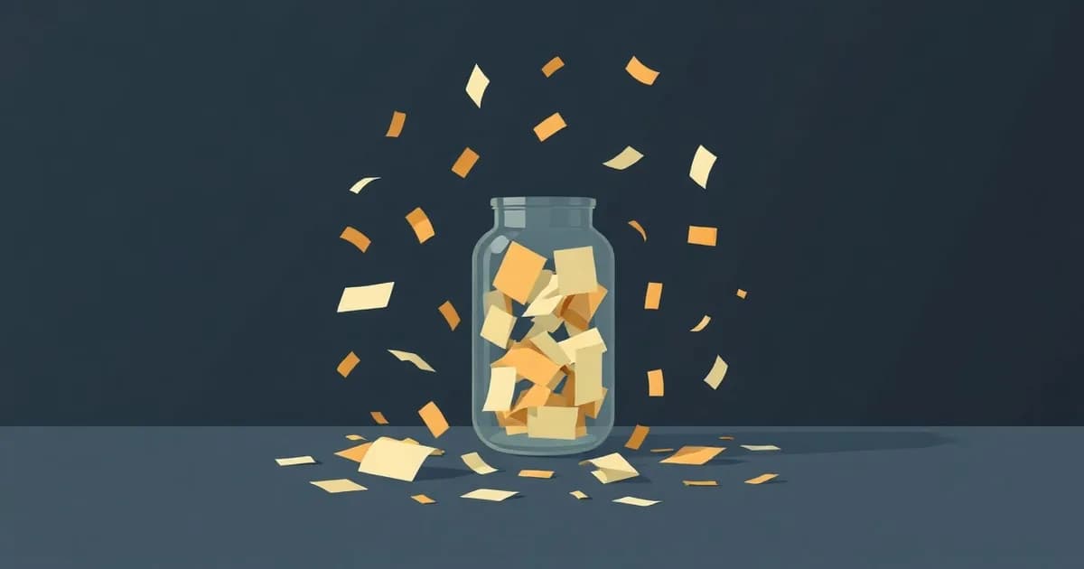 Illustration of a glass jar catching falling paper scraps, representing an ADHD brain dump of scattered thoughts.