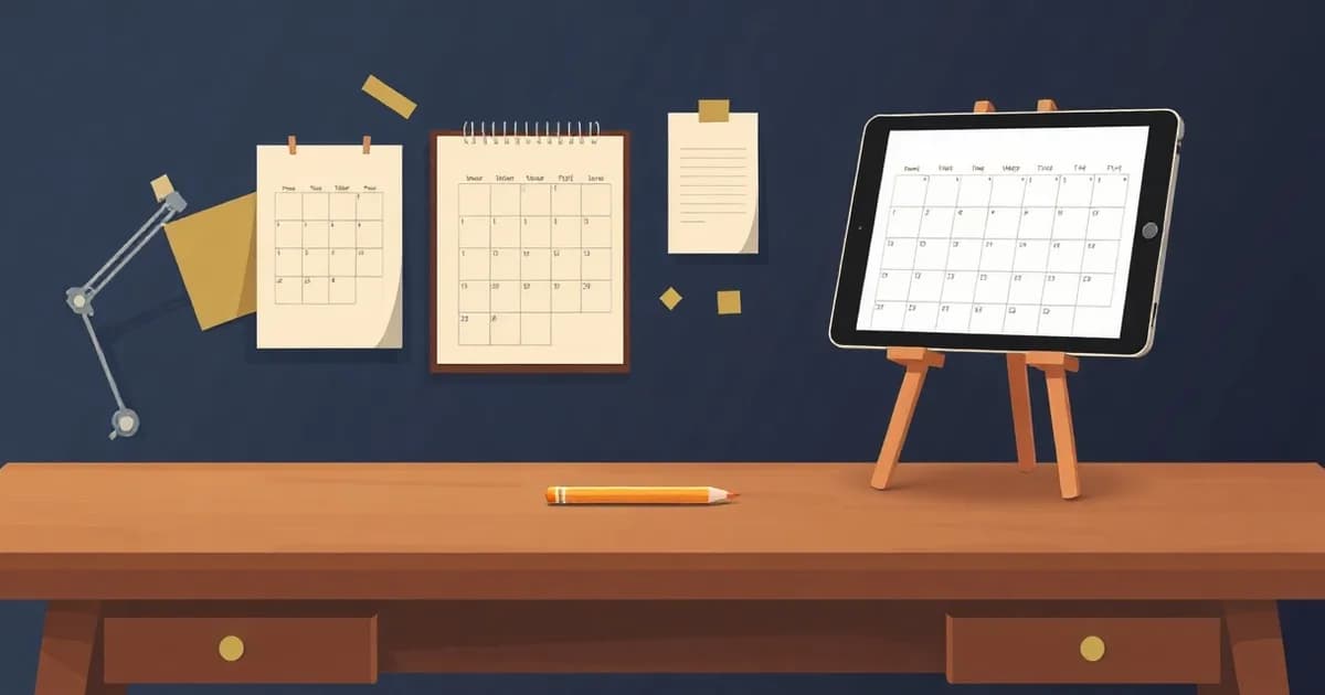 Illustration of a paper wall calendar beside a glowing tablet, representing the ADHD calendar problem.