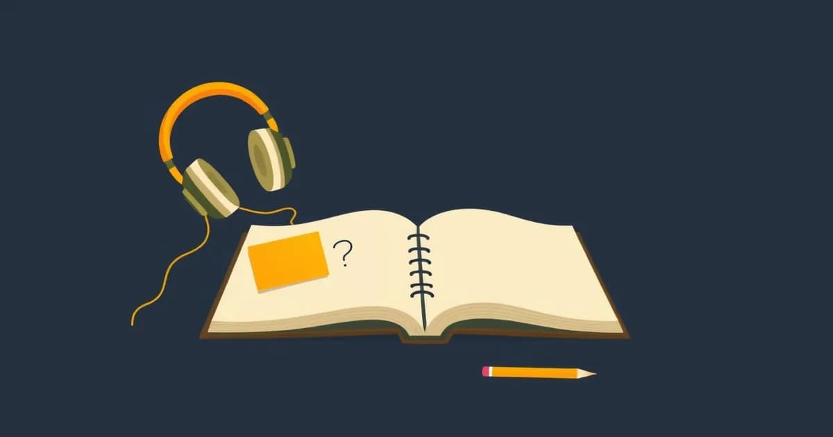 Illustration of a student desk with headphones, a doodle line, and one anchored note card, for ADHD note-taking.