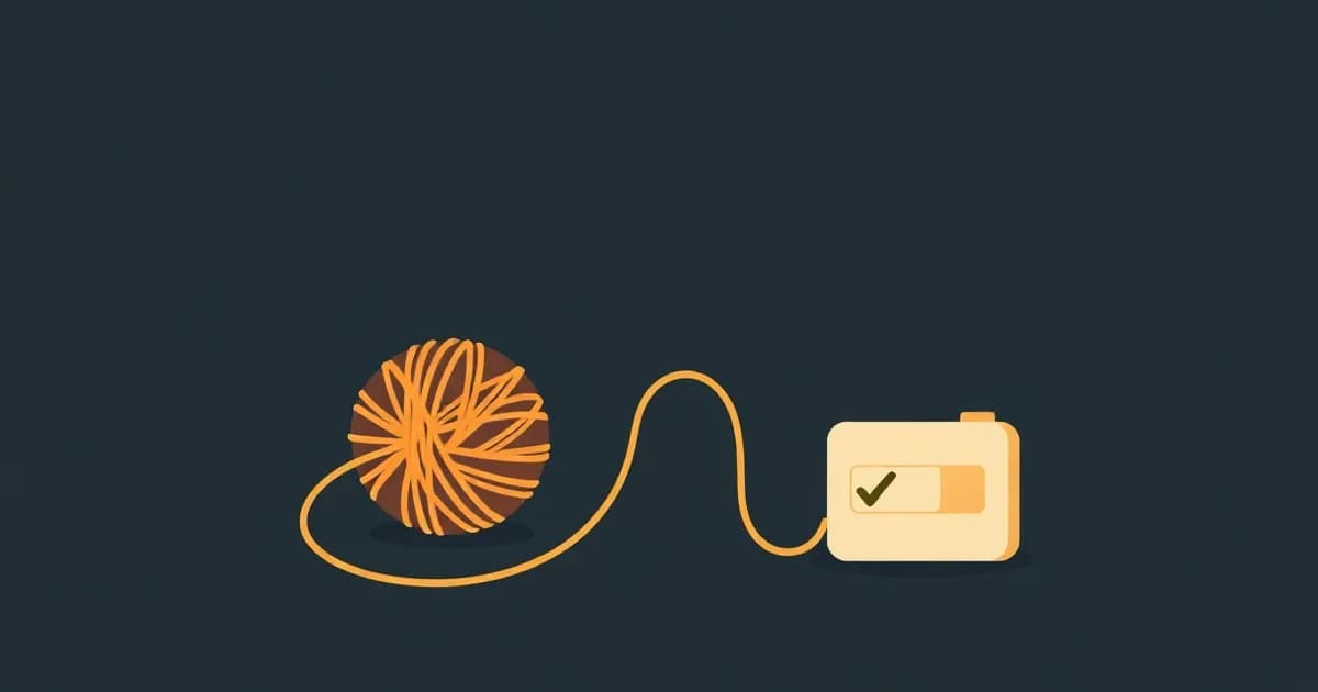 Illustration of tangled yarn unwinding into a line toward a kitchen timer and checkbox, representing ADHD productivity.