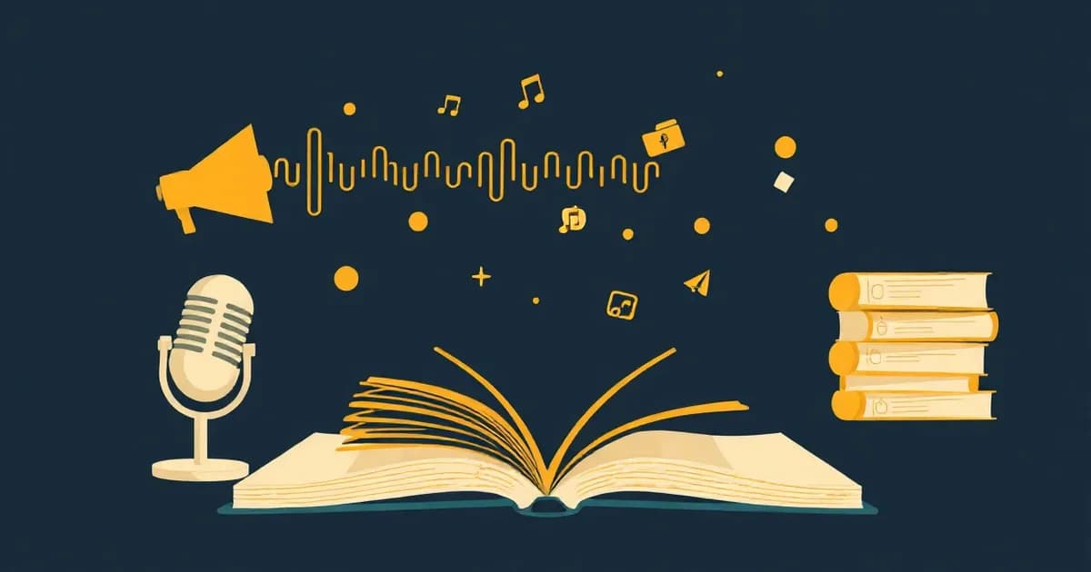 Illustration of sound waves from a microphone and a folder flowing into a notebook, representing AI notes from audio.