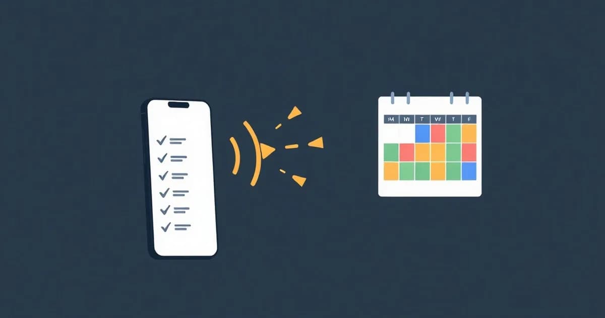 Illustration of phone soundwaves turning into checkmarks beside a color-blocked calendar, representing AI to-do lists.