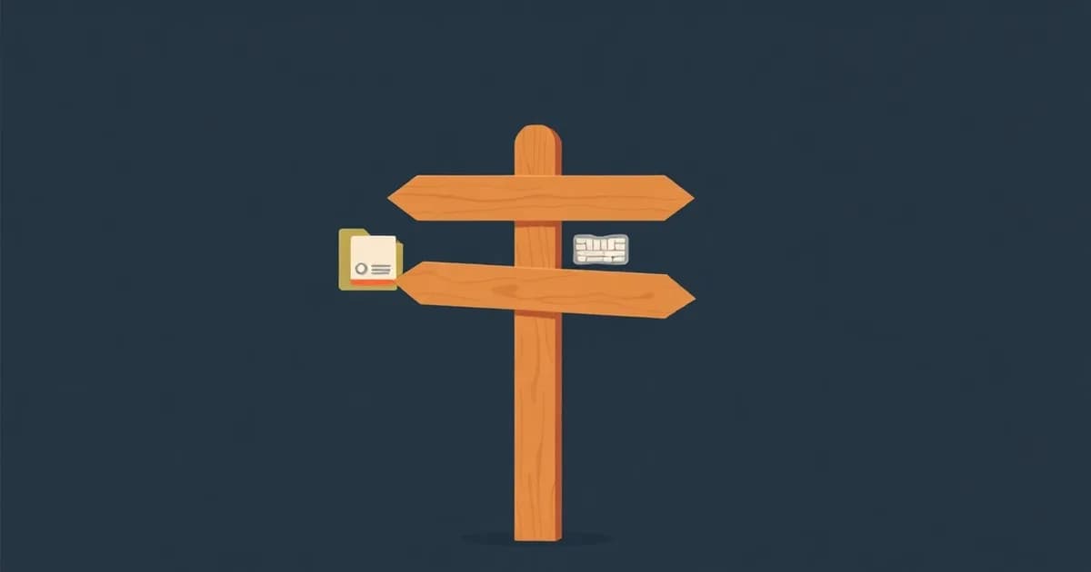 Illustration of a signpost pointing to a microphone, folders, notebook, and keyboard, representing Otter.ai alternatives.