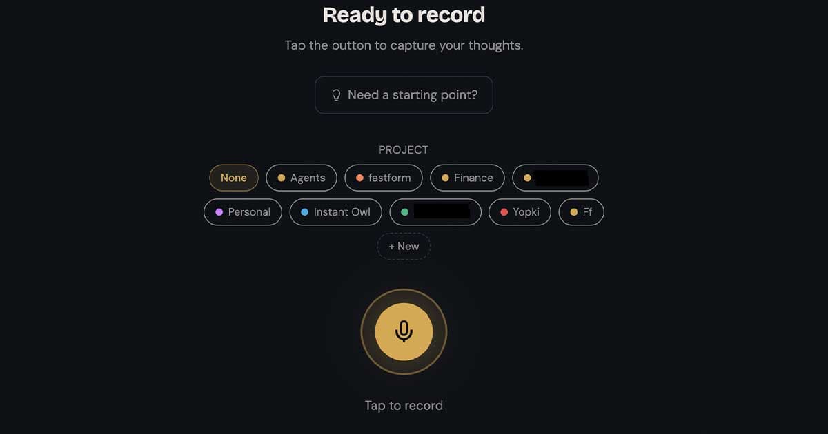 InstantOwl's recording screen: a tap-to-record button with recordings auto-organized into project folders