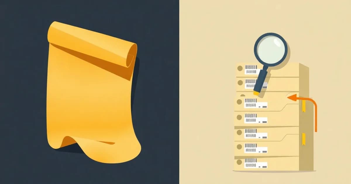 Illustration contrasting a polished paper scroll with a stack of searchable folders, representing AudioPen vs Voicenotes.