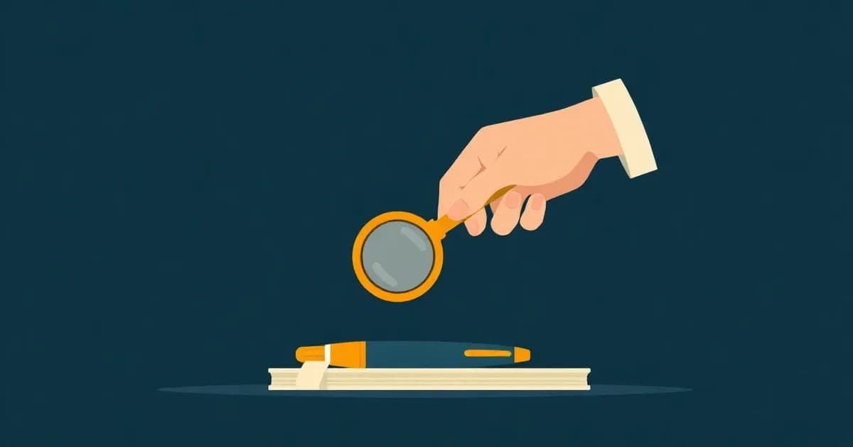 Illustration of a magnifying glass examining a pen-shaped voice recorder, representing an AudioPen review.
