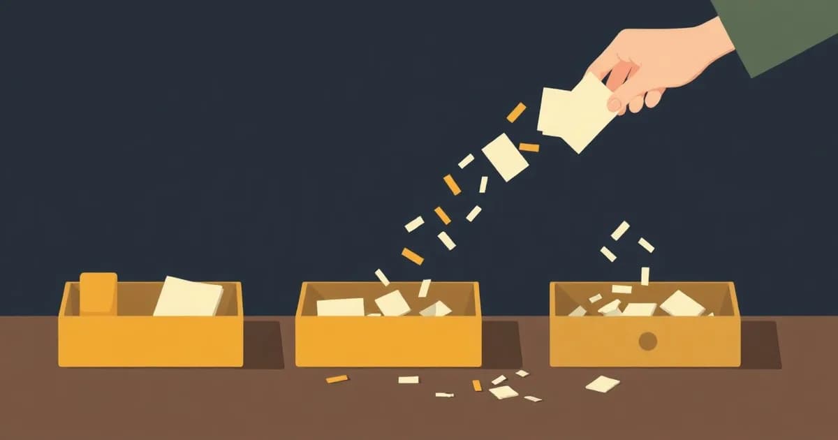 Illustration of paper scraps being sorted into phone-, notebook-, and drawer-shaped trays, representing brain dump apps.
