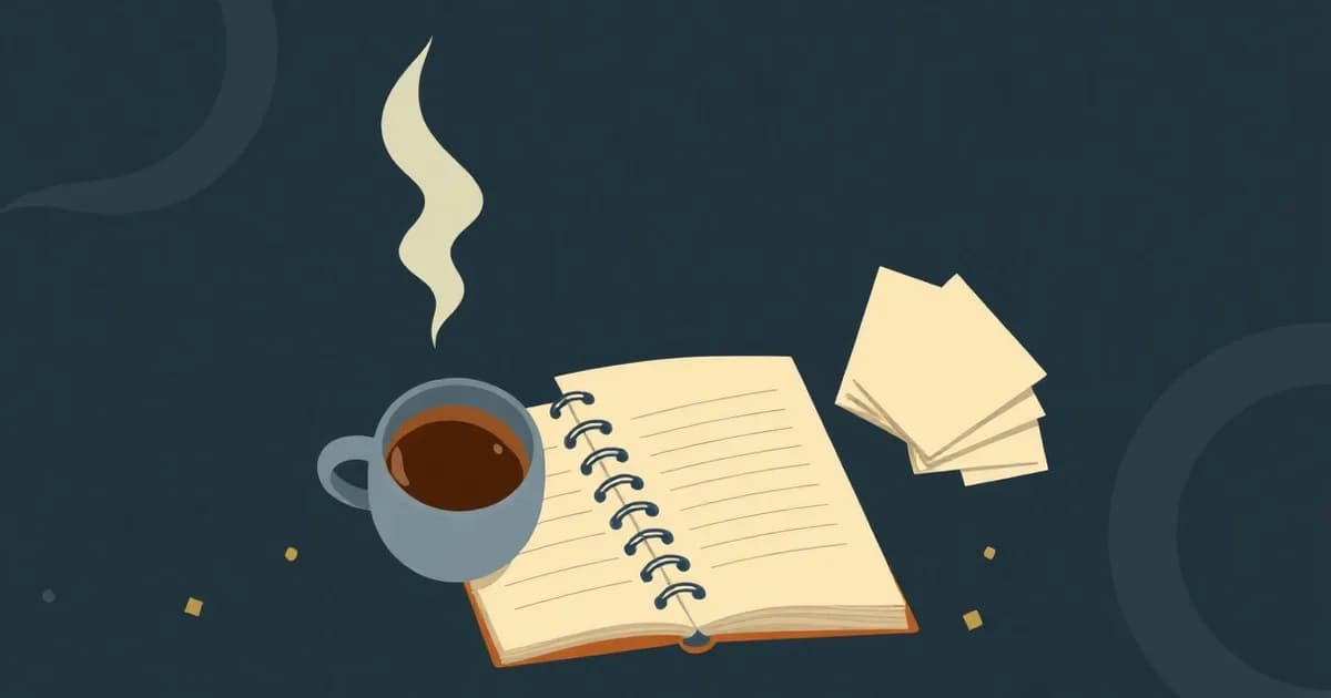Illustration of an open notebook beside a coffee mug and torn page corners, representing a brain dump journal habit.