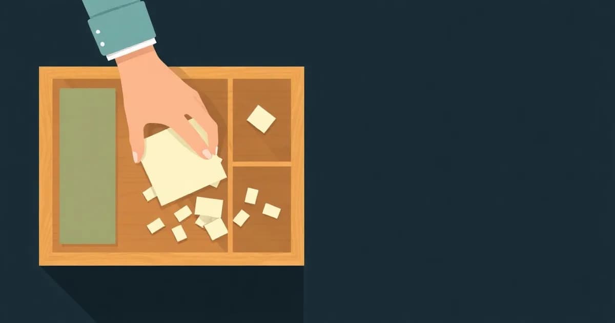 Illustration of paper scraps sorted into a four-compartment tray, representing a brain dump template.