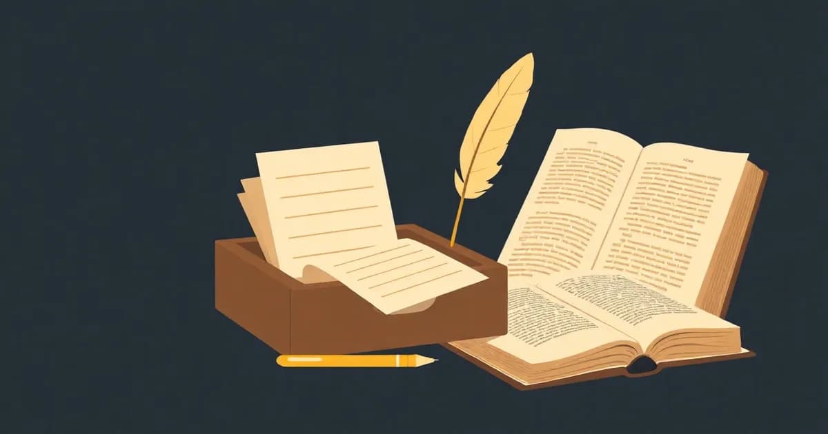 Illustration of a wooden index card box, quill pen, and old open book, representing the history of the commonplace book.