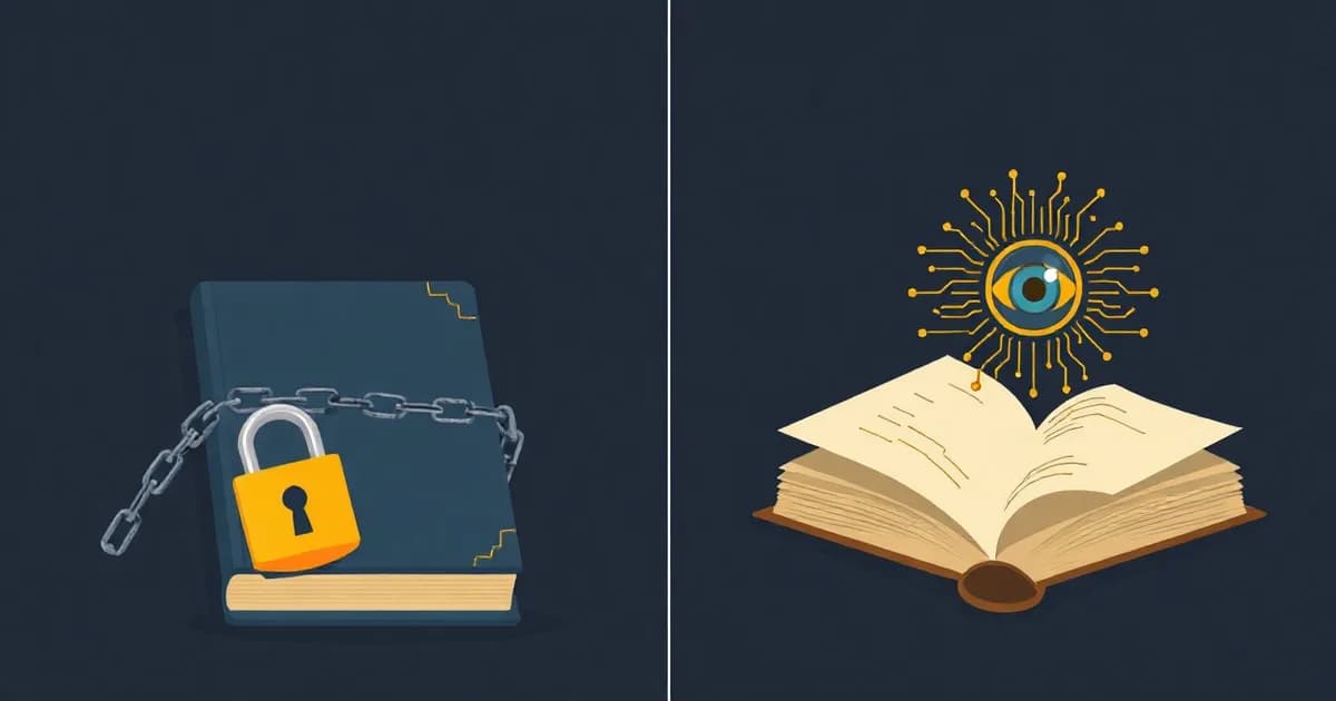Illustration contrasting a padlocked journal with an open journal scanned by a glowing circuit pattern, Day One vs Journey.