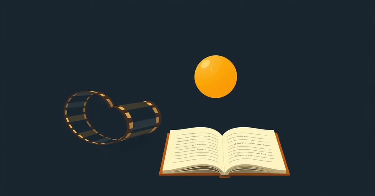 Illustration of a filmstrip of flowing lines beside a note-taking orb, comparing Descript and Otter.
