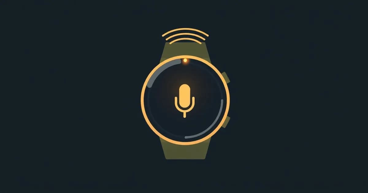 Illustration of a smartwatch with sound waves turning into text lines, representing voice to text on Apple Watch.