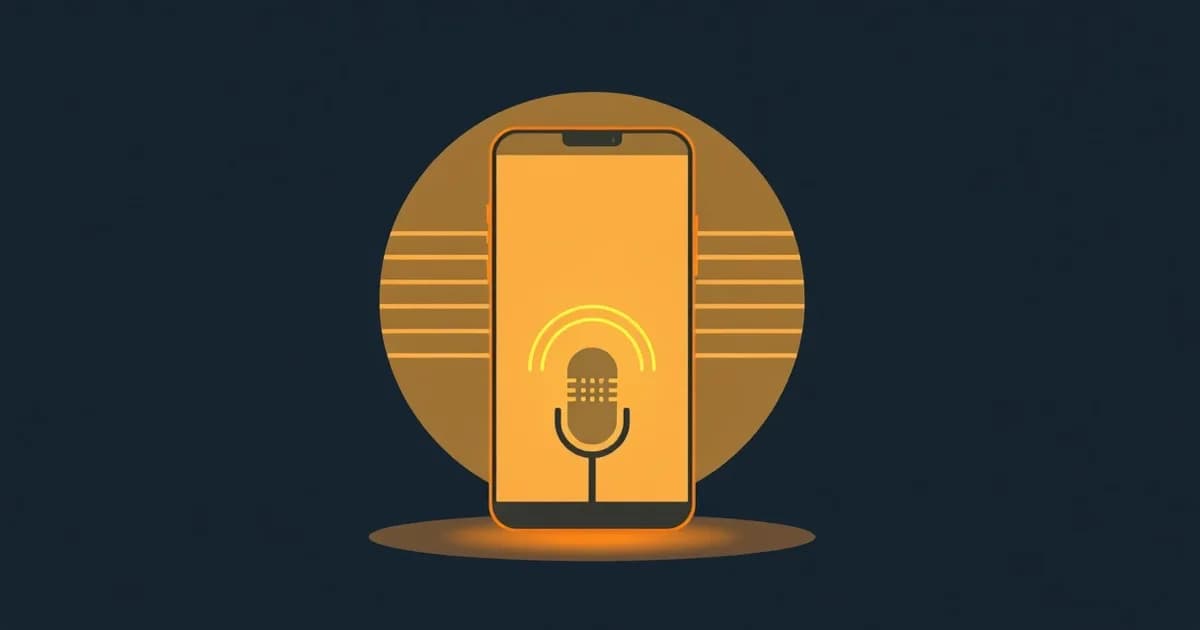 Illustration of a smartphone with sound waves turning into text lines, representing how to dictate on iPhone.