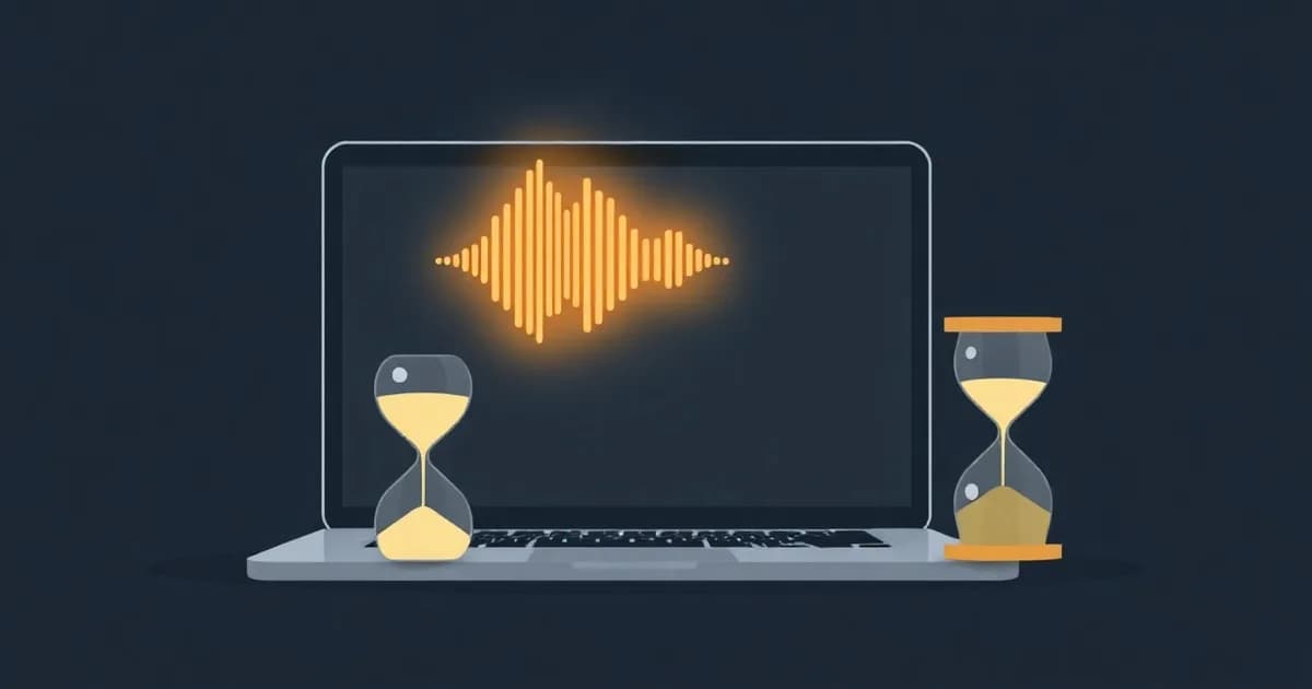 Illustration of a laptop emitting a soundwave beside a draining hourglass, for Mac dictation's silence timer.