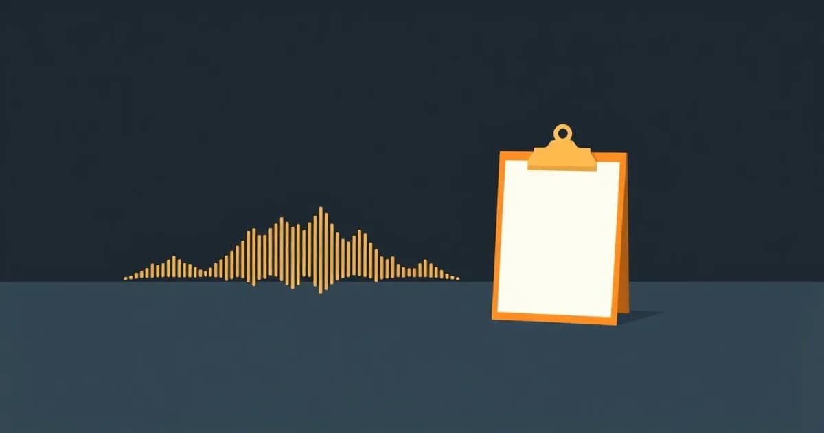 Illustration of a sound wave stopped at a door as a clipboard enters instead, representing voice to text in Notion.