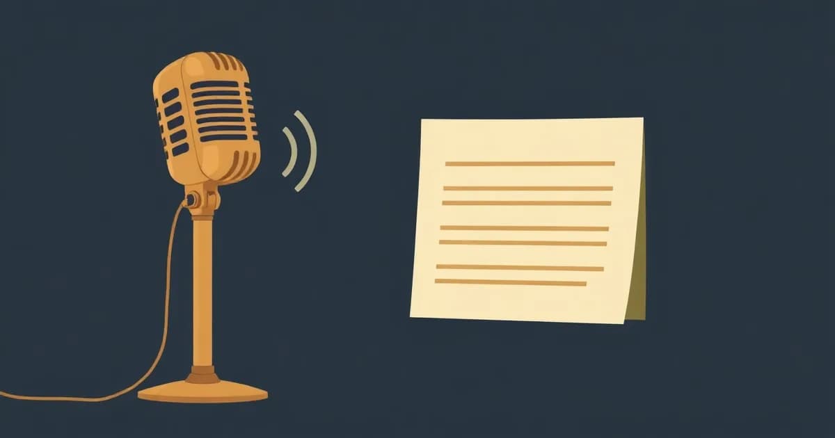 Illustration of a fading vintage microphone beside a modern one turning speech into text, representing dictation software.