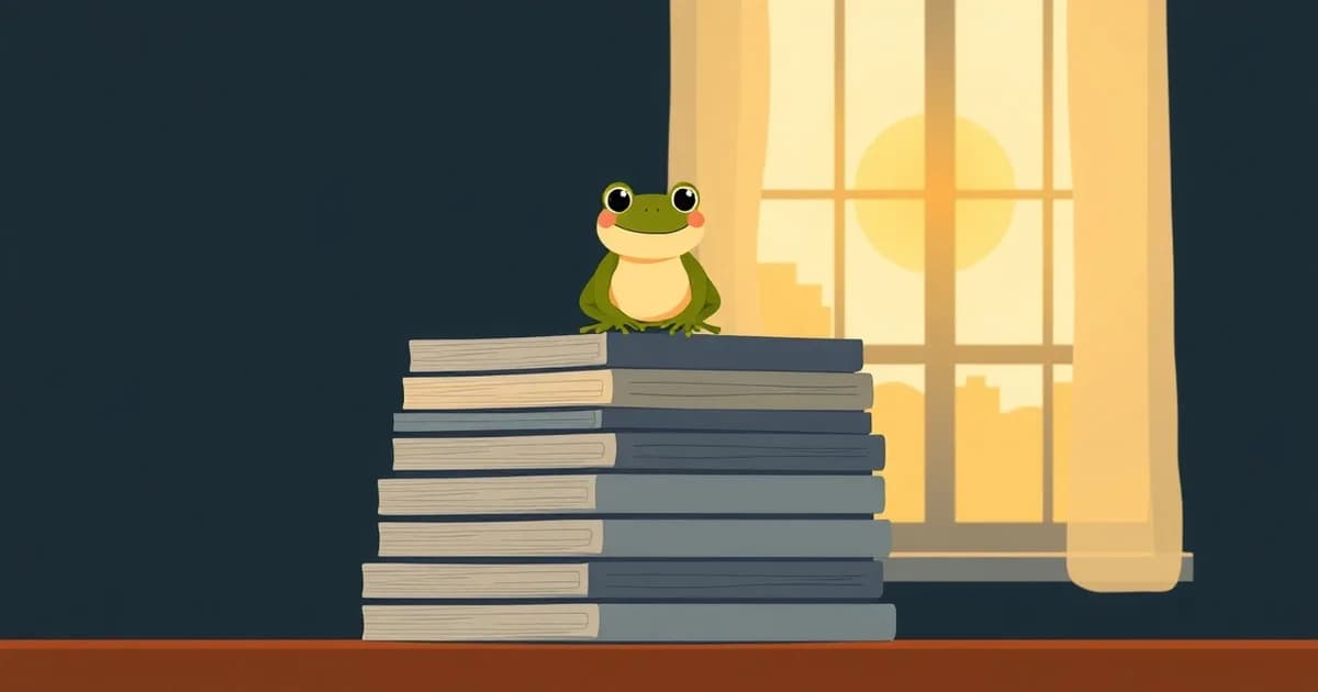 Illustration of a cheerful frog sitting on a stack of papers at sunrise, representing the eat-the-frog method.