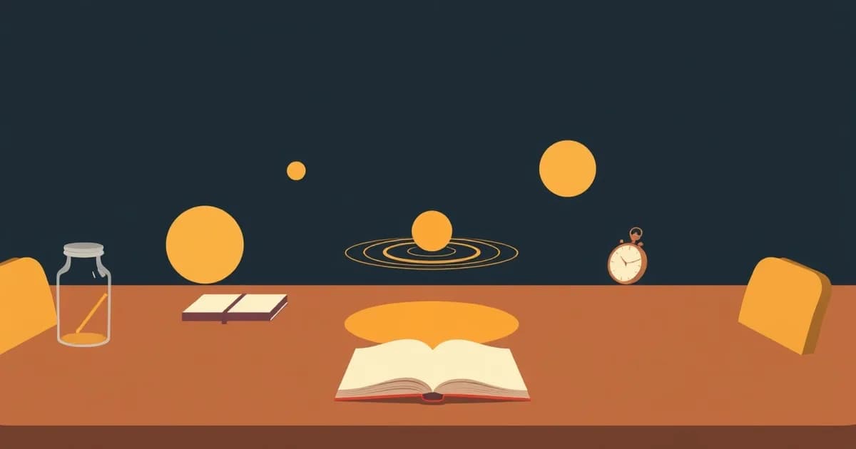 Illustration of a hovering meeting orb ringed by varied objects on a table, representing Fireflies alternatives.