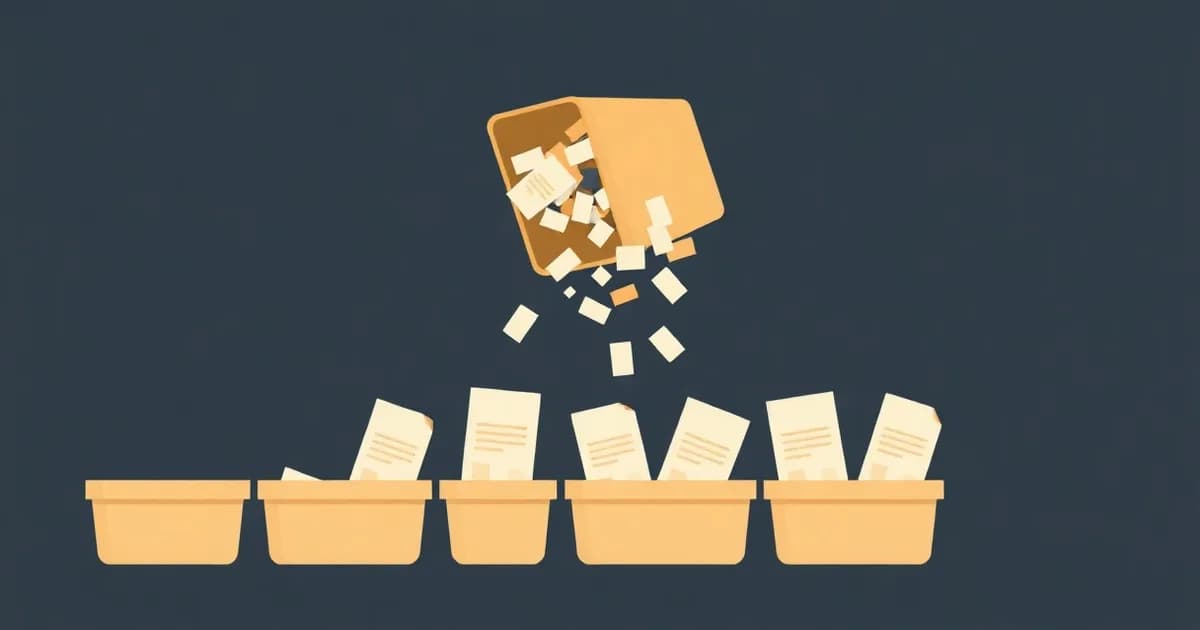 Illustration of an overflowing inbox tray sorting into five bins, representing the Getting Things Done method.