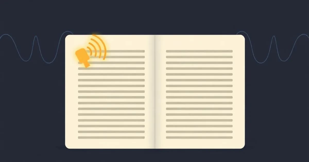 Illustration of a document with a microphone and soundwaves becoming text bars, for Google Docs voice typing.