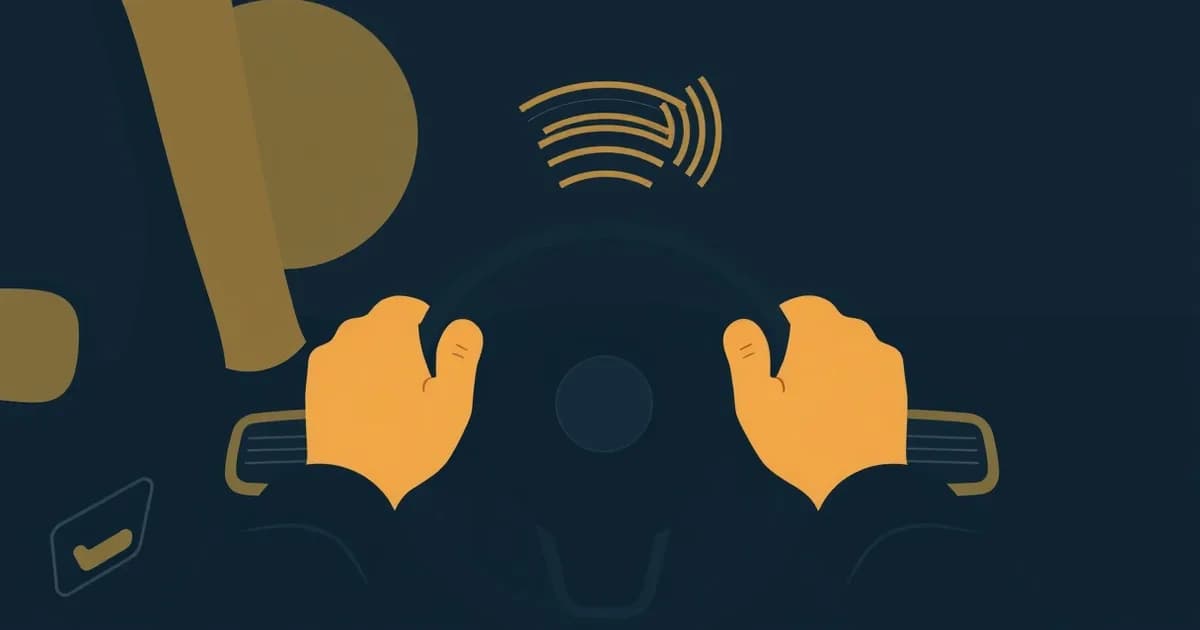 Illustration of hands gripping a steering wheel with a rising sound wave, representing hands-free note taking.