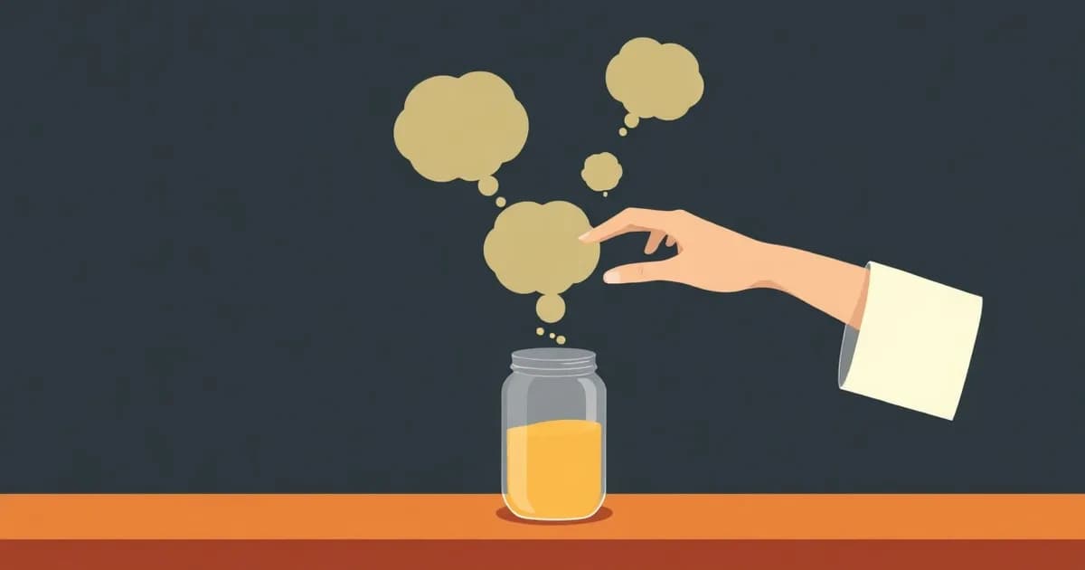 Illustration of floating thought bubbles funneled into a jar, representing a system for capturing ideas.