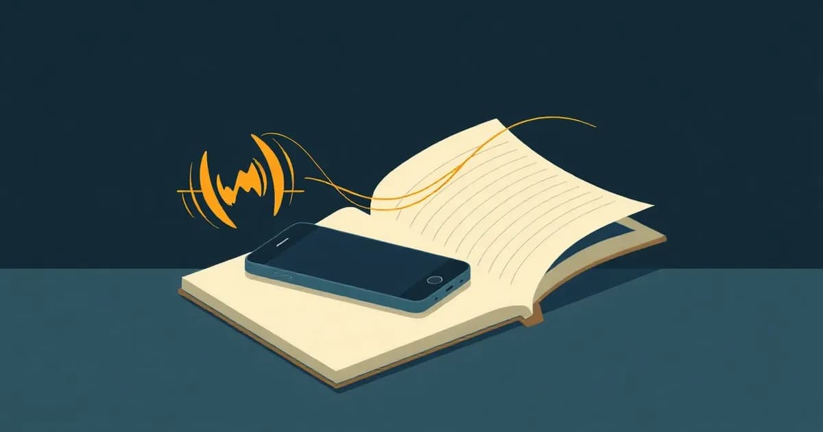 Illustration of a phone's sound waves turning into flowing lines on a notebook, for a guide on converting M4A to text.