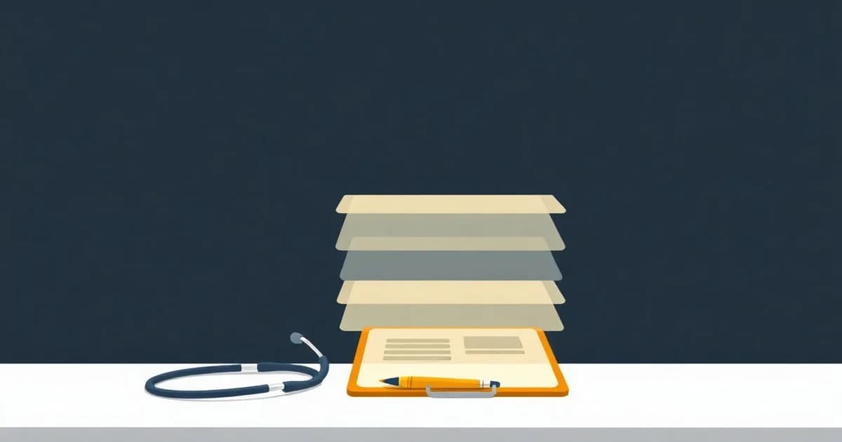 Illustration of a stethoscope and clipboard with four stacked translucent layers, for a piece on medical dictation software.