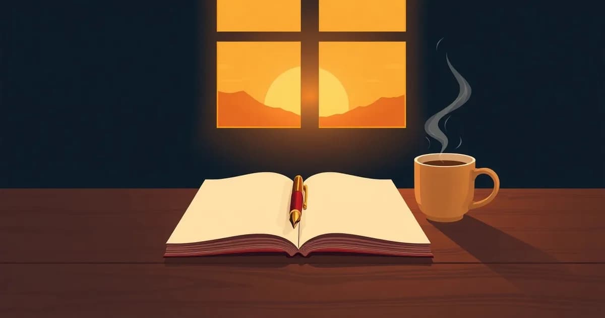 Illustration of a fountain pen on three blank pages at sunrise, representing the morning pages journaling practice.