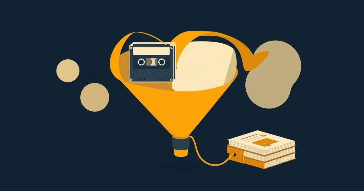 Illustration of a funnel turning a cassette tape's ribbon into a stack of pages, representing converting mp3 to text.