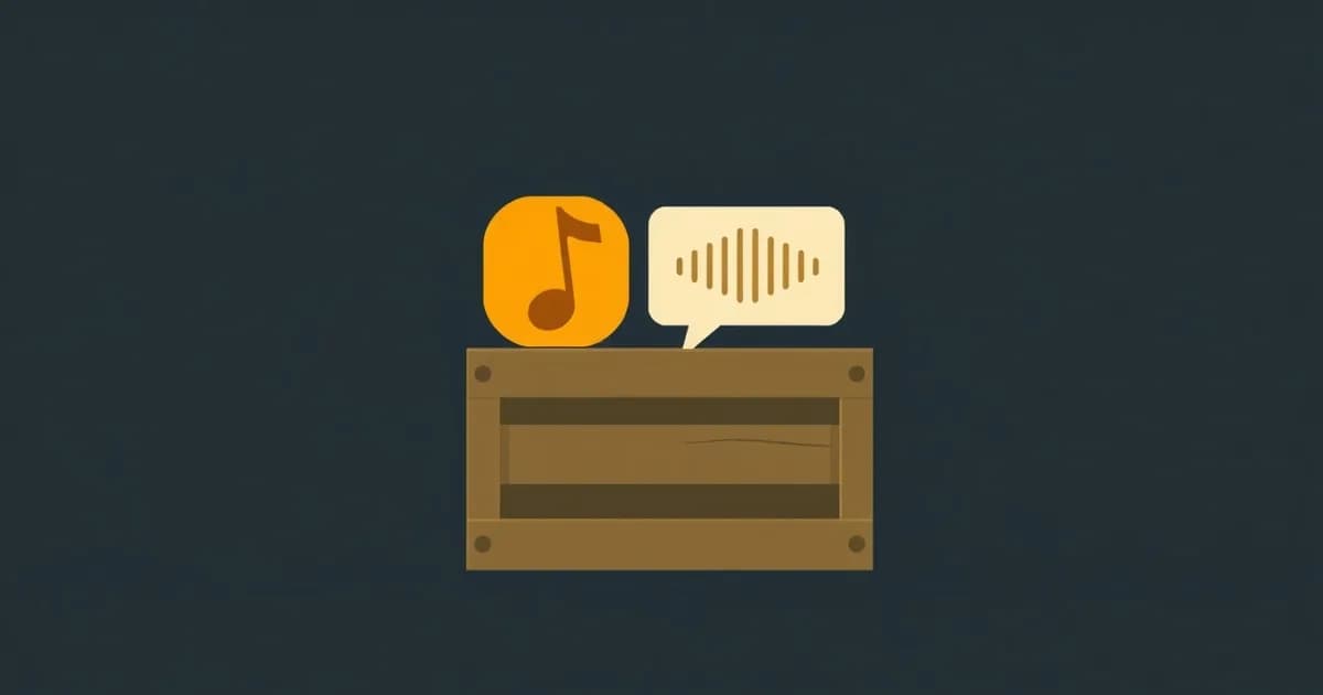 Illustration of a crate holding a musical note and a waveform bubble, for a guide on converting OGG files to text.