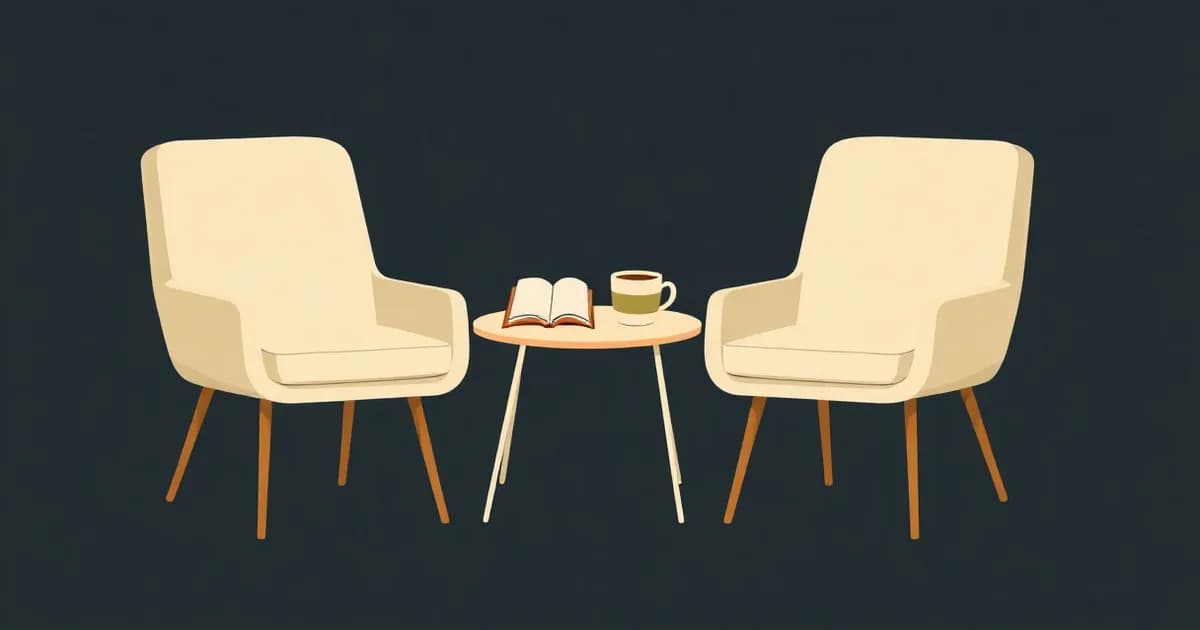 Illustration of two chairs facing each other across a small table, for a guide to running one on one meetings.