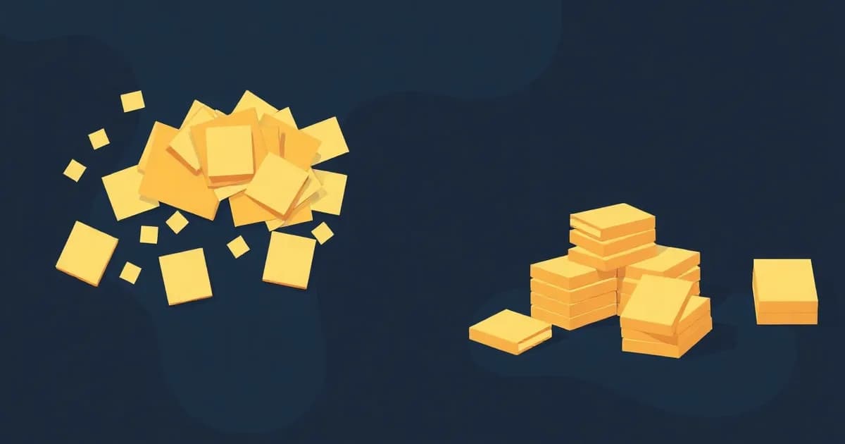 Illustration of scattered sticky notes turning into neat clustered stacks, for a guide on how to organize your thoughts.