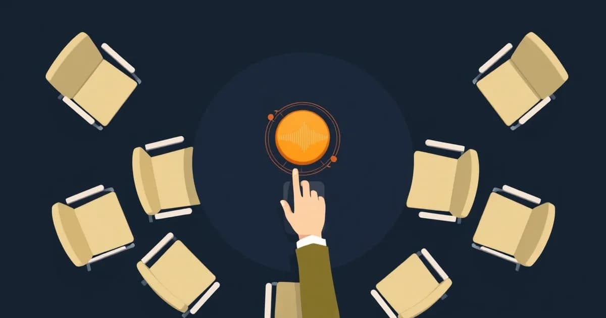 Illustration of an empty conference table with a hovering recorder orb being switched off, representing Otter.ai.