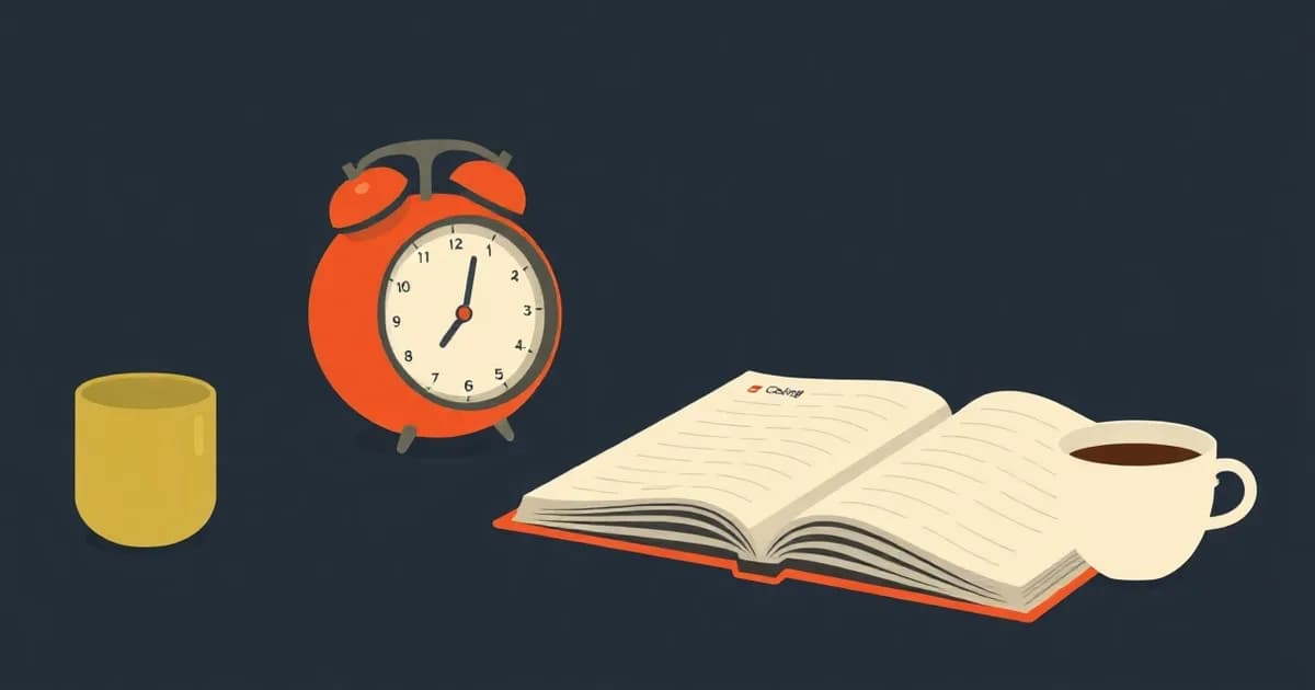 Illustration of a tomato-shaped kitchen timer beside a notebook and coffee cup, for a guide to the Pomodoro Technique.