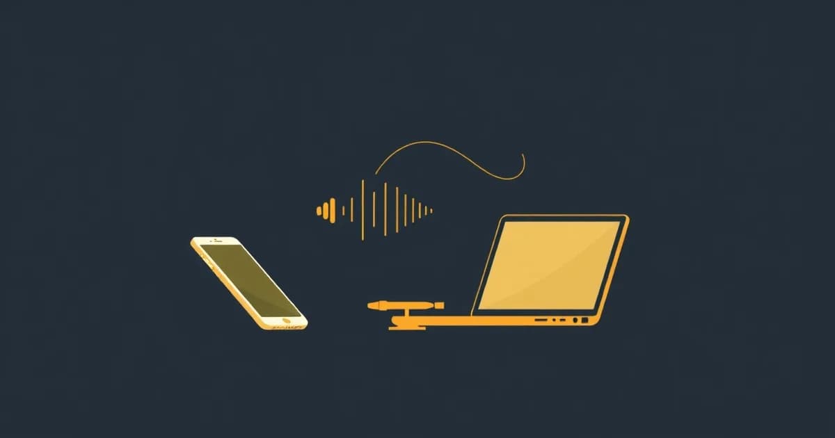 Illustration of a phone and laptop facing each other with a sound wave between them, for recording FaceTime calls.