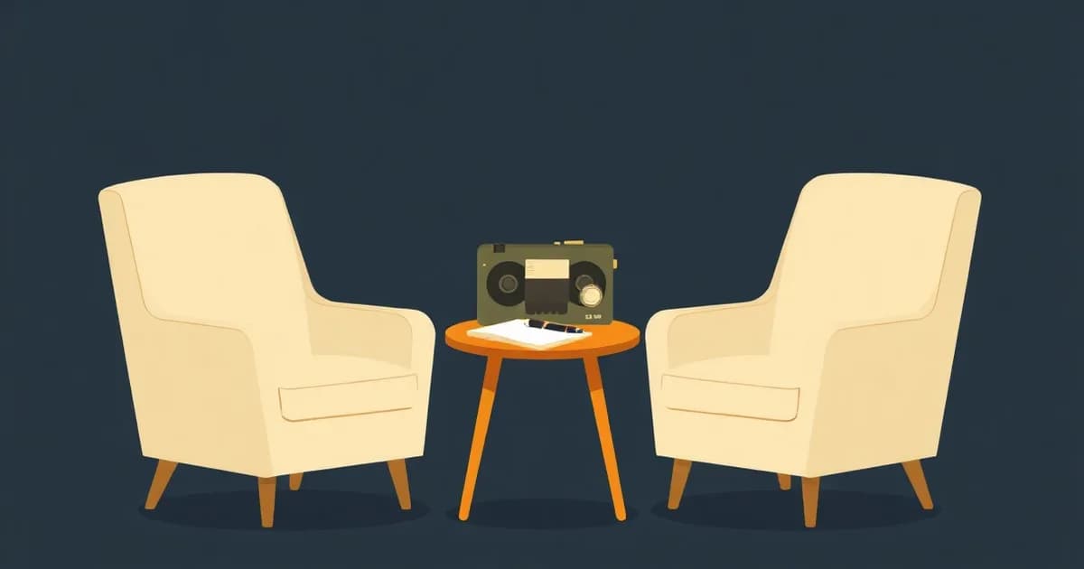 Illustration of a tape recorder on a table between two facing chairs, for a guide on how to transcribe an interview.