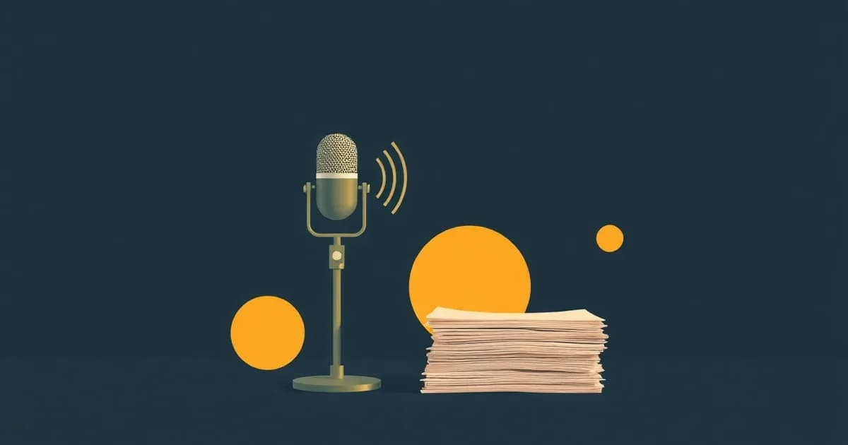 Illustration of a podcast microphone with sound waves flowing into a neat stack of paper, for transcribing a podcast.