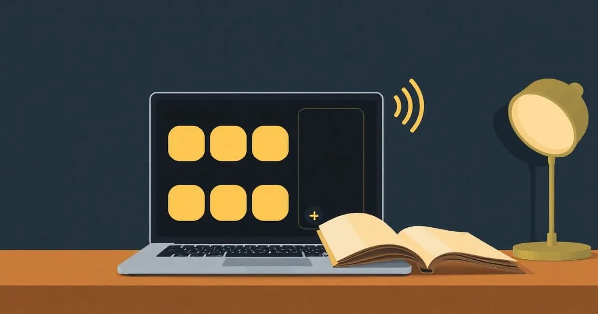 Illustration of a laptop video call grid with a sound wave flowing into a printed page, for transcribing Zoom recordings.