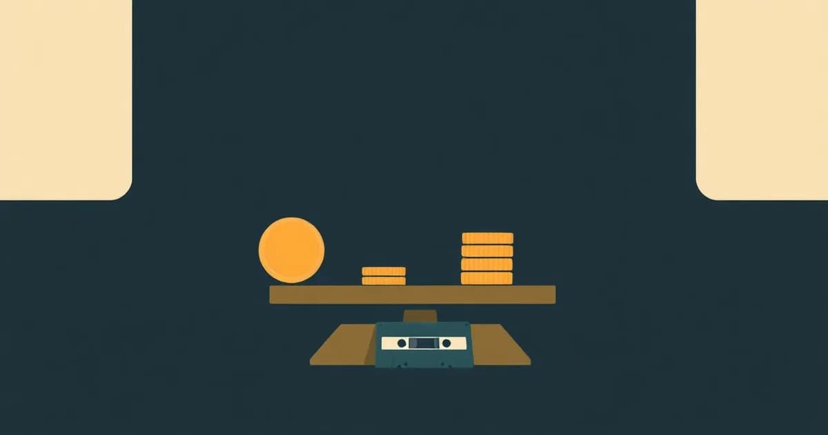 Illustration of a balance scale weighing coins beside a cassette tape, for a piece comparing transcription service pricing.