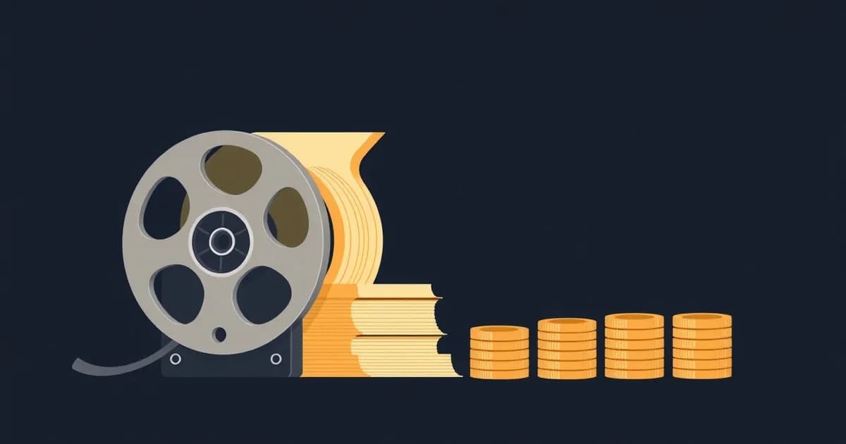 Illustration of a spinning tape reel unspooling into a stack of lined pages, representing transcribing audio to text.