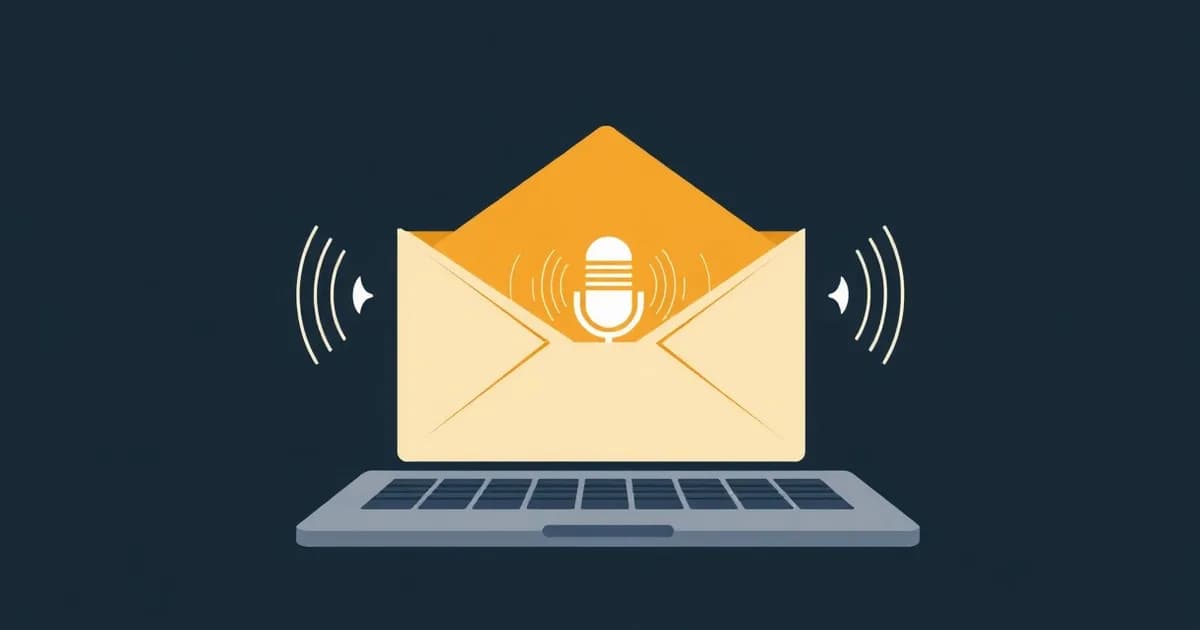 Illustration of an envelope on a keyboard with sound waves flowing into its flap, for a guide on dictating email in Gmail.