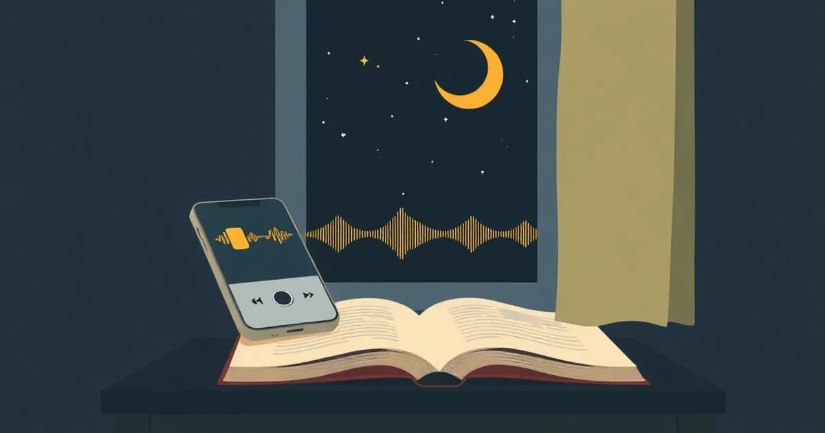 Illustration of a phone recording on a nightstand under a crescent moon, representing keeping a voice journal.