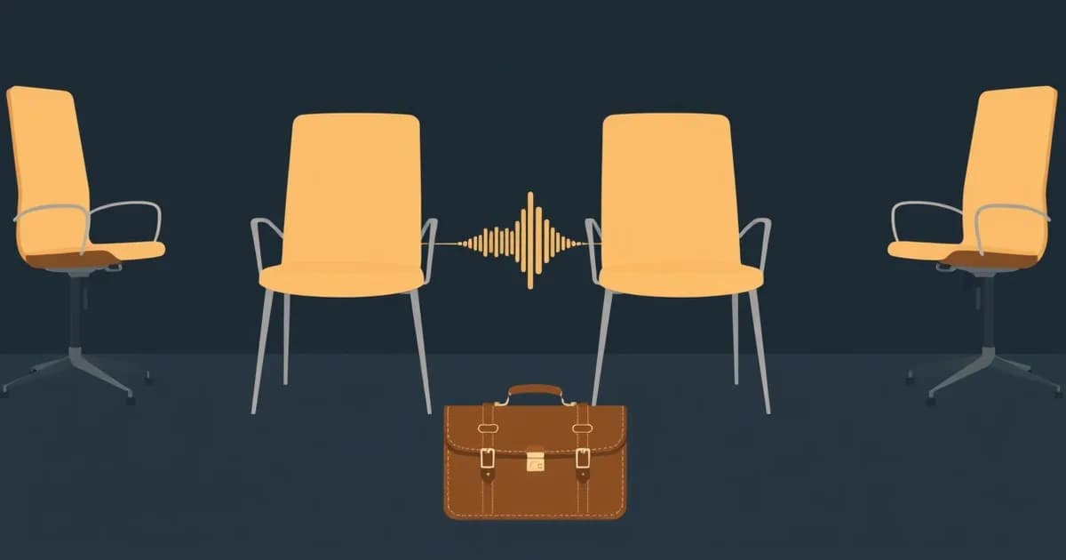 Illustration of a briefcase beside two facing chairs with a waveform, for voice notes for consultants.