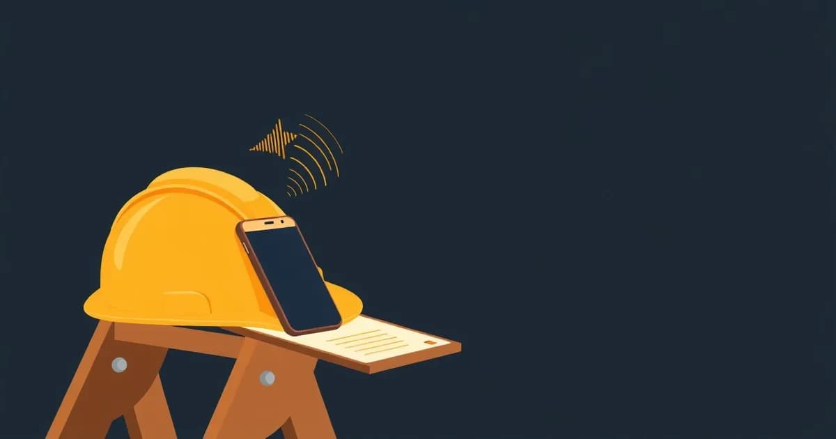 Illustration of a hard hat and clipboard on a sawhorse with a rising waveform, for voice notes for contractors.