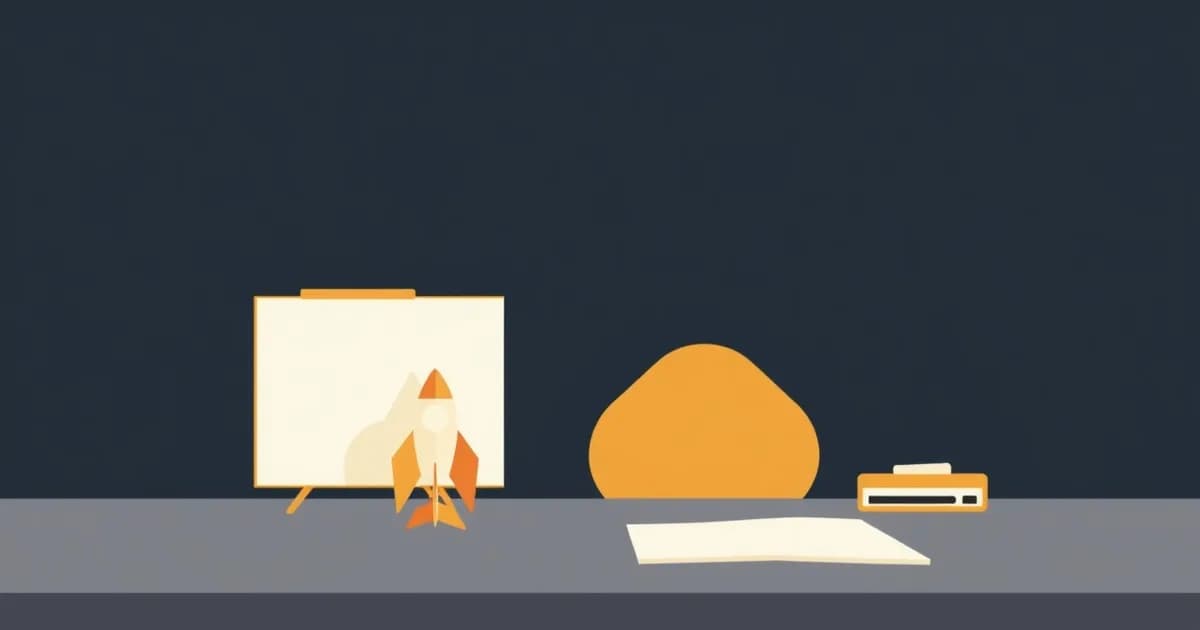 Illustration of a desk with a rocket-shaped paperweight and a rising waveform, for voice notes for founders.