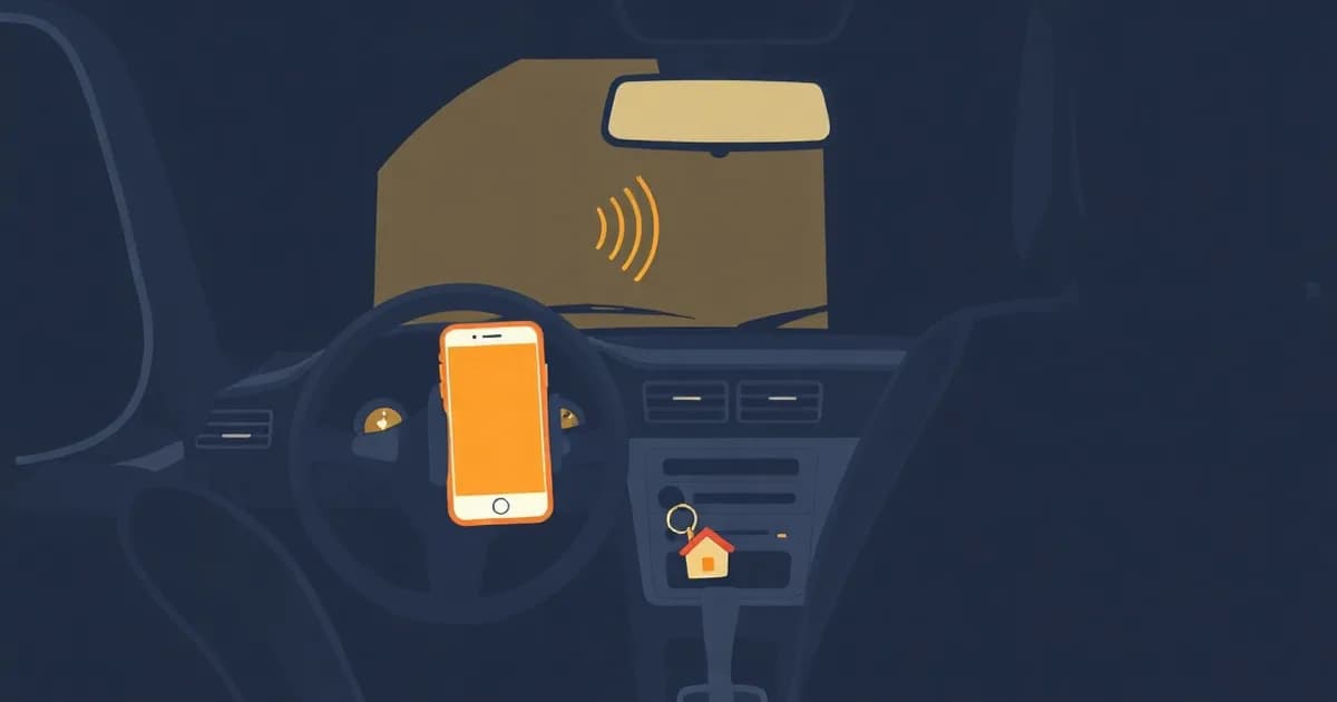 Illustration of a phone mounted on a car dashboard with a house keychain nearby, for voice notes for real estate agents.