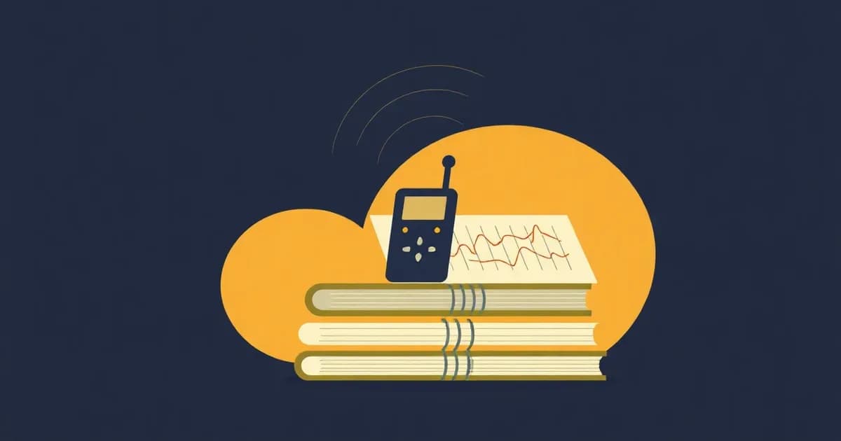 Illustration of a recorder on a stack of textbooks with sound waves rising into a notebook, for voice notes for students.
